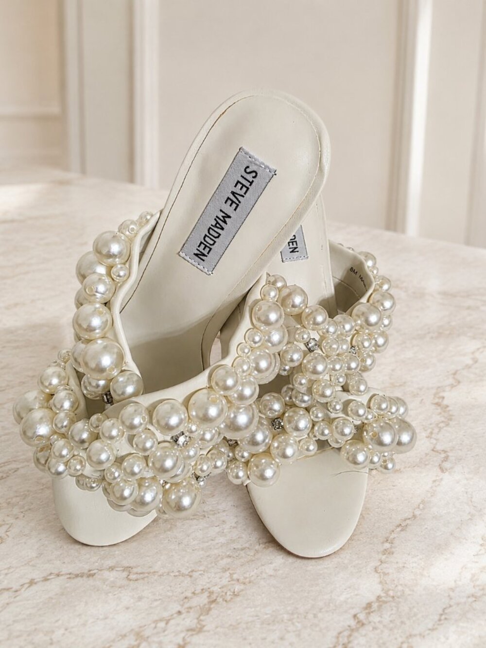 Steve Madden Ivory Pearl Embellished Heeled Mules Size 8M New Without Box